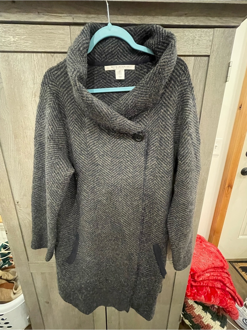 Max Studio Women's Gray Herringbone Funnel Neck Sweater Coat